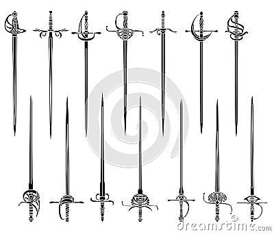 Set of simple monochrome images of epees and rapiers. Vector Illustration