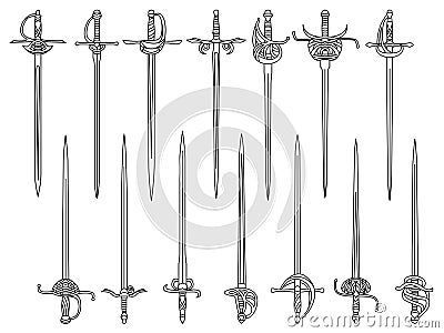 Set of simple monochrome images of epees and rapiers drawn by lines. Vector Illustration