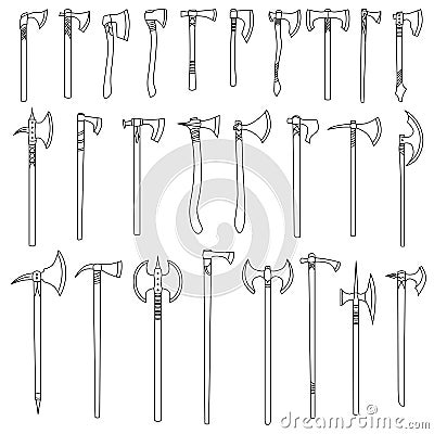 Set of simple monochrome images of medieval axes and hatchets drawn by lines. Vector Illustration