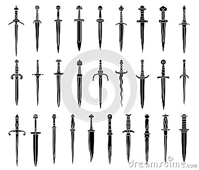 Set of simple monochrome images of medieval dagger and dirk. Vector Illustration