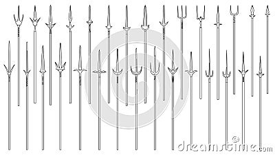 Set of simple monochrome images of medieval spears and tridents drawn by lines. Vector Illustration