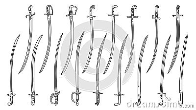 Set of simple monochrome images of saber swords drawn by lines. Vector Illustration