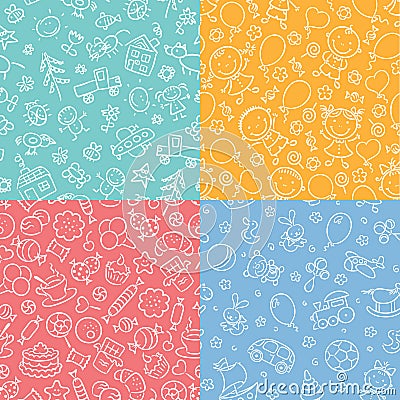 Set of simple monochrome seamless patterns with kids, sweets, toys Vector Illustration