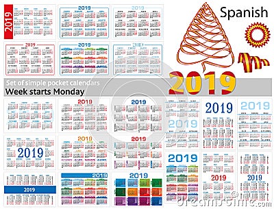 Set of simple pocket calendars for 2019 Two thousand nineteen. Week starts Monday. Translation from Spanish - Vector Illustration