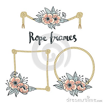 Set of Simple Rope Frames Graphic Designs on white background with flowers. Vector Illustration