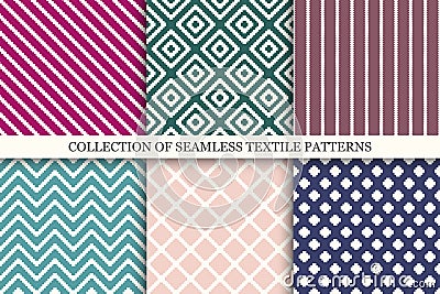 Set of simple seamless textile patterns - delicate colorful geometric design. Vector abstract repeatable backgrounds Vector Illustration