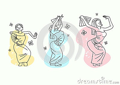 set of simple thin lines of woman Bali dancers Cartoon Illustration