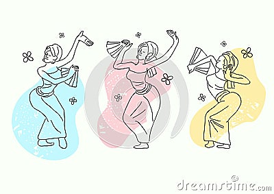 set of simple thin lines of woman Bali dancers Vector Illustration
