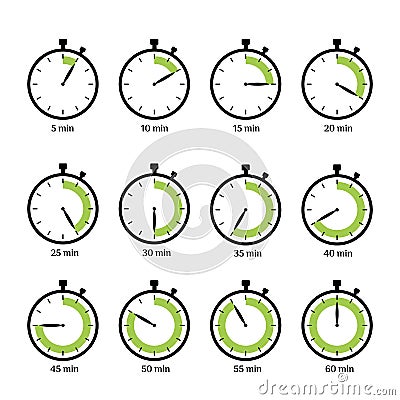 Set of simple timers. Set of clock count elements. Five minutes step Vector Illustration