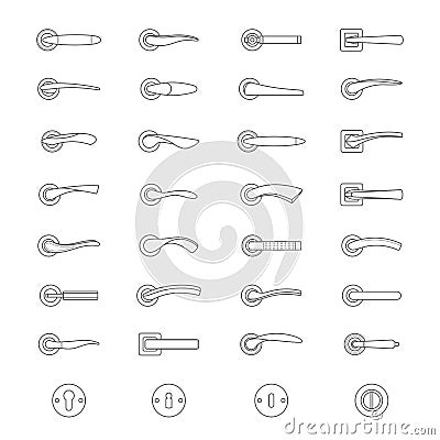 Set of simple vector icons as design elements - metal door handles and door locks. Doorknob and handles of the door different for Vector Illustration