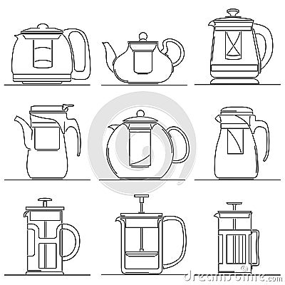 Set of simple vector images of glass teapot with strainer drawn in art line style Vector Illustration