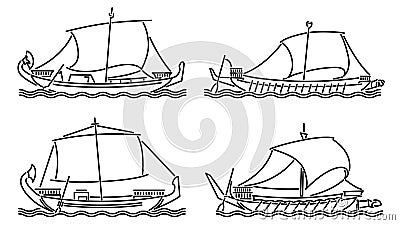 Set of simple vector images of sailing ships of antiquity drawn in art line style Vector Illustration