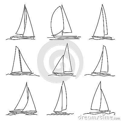 Set of simple vector images of yachts with triangular sails drawn in line style. Vector Illustration