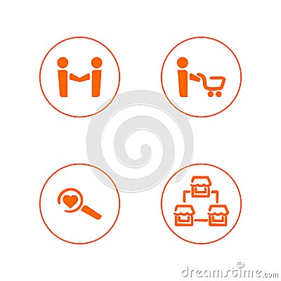 Set of simple vector outline icons for online store and website. Four symbols: cooperation, shopping, finding reasons and a chain Vector Illustration