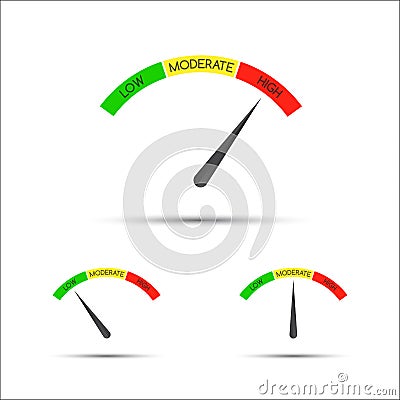 Set of simple vector tachometer with descriptions low, moderate, high Vector Illustration