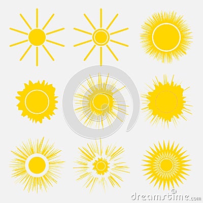 Set of simple yellow orange Sun icons on white background. Cartoon vector illustration of a sunrise. Vector Illustration