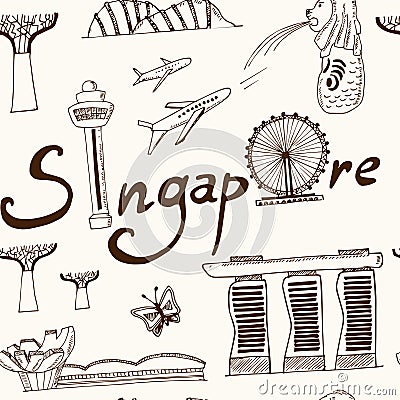 Set of Singapore hand drawn icons Vector seamless pattern Vector Illustration