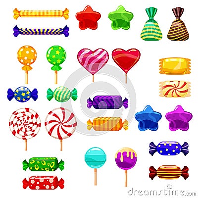 Set single cartoon candies, lollipop, candy, desserts. Illustration, isolated on white. Cartoon style Vector Illustration