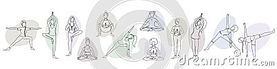 Set of single line drawings of a girl sitting and standing in a yoga pose, abstract shapes backgrounds Vector Illustration