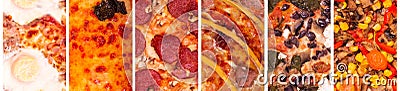 Set of six delicious pizza backgrounds, macro photo. Food collage of best italian pizzas. Food banner Stock Photo