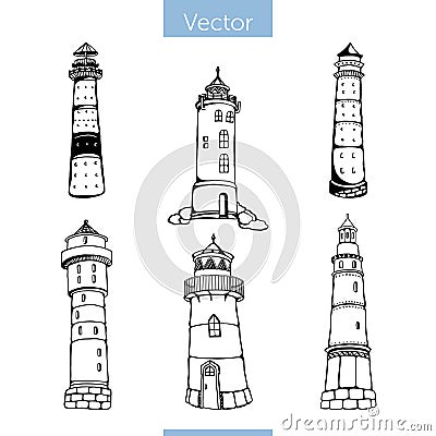 Set of six beacons in black and white colors Vector Illustration