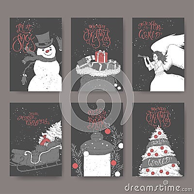 Set of six black and white banners with brush lettering, showman, angel, sleigh, lantern, Christmas tree, gift bag. Vector Illustration