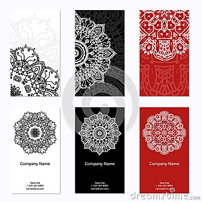 Set of six business cards. Vintage pattern in retro style with mandala. Hand drawn Islam, Arabic, Indian, lace pattern Vector Illustration