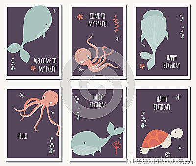 Set of six cards with underwater animals and birthday messages, whale, octopus, turtle Vector Illustration