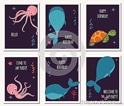 Set of six cards with underwater animals and birthday messages, whale, octopus, turtle Vector Illustration