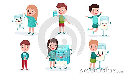 Set With Six Children And Big Cartoon Characters Of Milk Cartons And Glasses Funny Vector Illustrations Vector Illustration