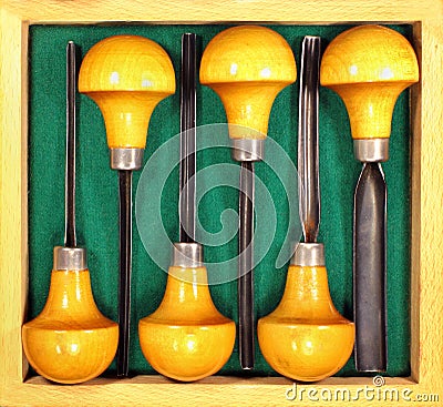 Set of six chisels for art wood carving and linoleum prints cutting Stock Photo