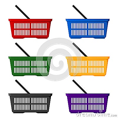 A set of six colored shopping baskets side view. Isolated vector illustration Vector Illustration