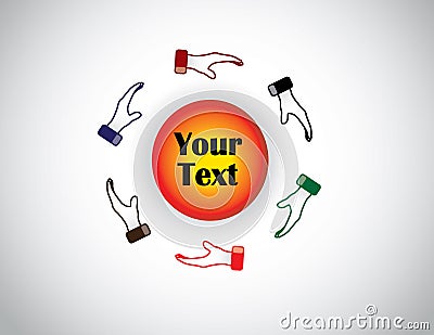 Set of six colorful hands protecting a circular shape with text Vector Illustration