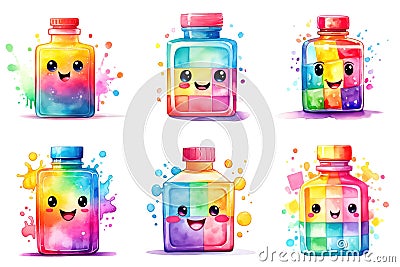 A set of six cute cartoon bottles with different expressions, watercolor clipart on white background. Stock Photo