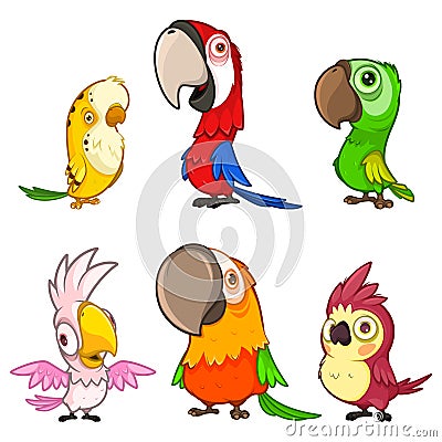 Set of six cute and funny cartoon parrots Vector Illustration