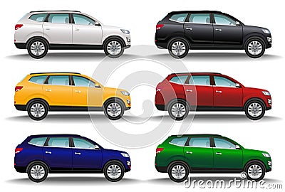 Set of six different colors cars on white background. Luxury offroad vehicles. Realistic crossover. 4x4 transport Vector Illustration