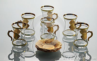 Set of six empty tulip-shaped cups of tea Stock Photo