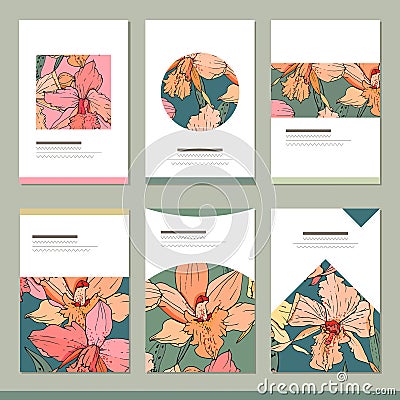 Set with six floral tropic templates. Vector Illustration