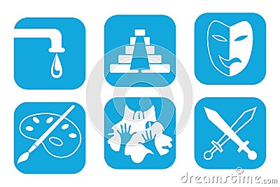 Set of six icons. Water, Mayan pyramid, sword fighting, creativity, theater, sand animation Vector Illustration