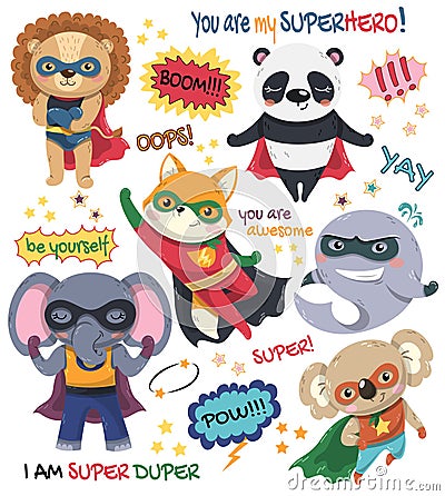 Set of six little cartoon animal Super Heroes Vector Illustration