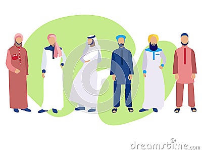 Set of six men, a group of Arabs in national dress. In minimalist style. Cartoon flat raster Stock Photo