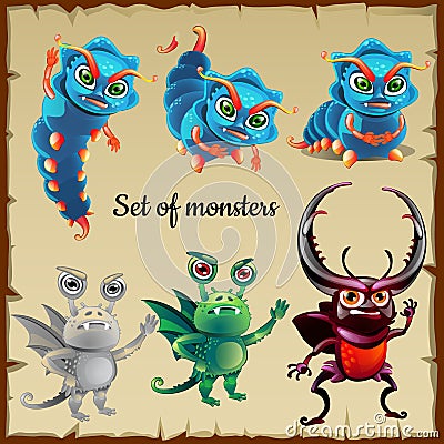 Set of six menacing insects, cute monsters Vector Illustration