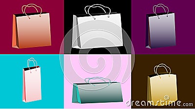 A set of six multi-colored realistic volumetric paper bags for purchases of different shapes and sizes with rope handles on multi- Cartoon Illustration