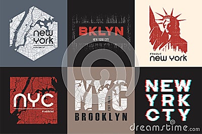 Set of six New York t-shirt and apparel designs. Vector print Vector Illustration