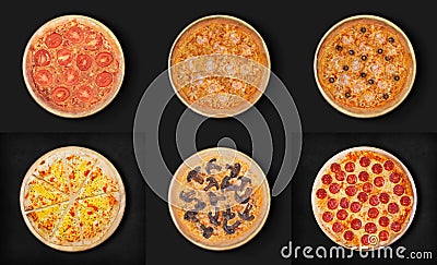 A set of six pizzas on a black background. 1 Margarita 2-3 With shrimps and olives 4 With cheese 5 With fried mushrooms champ Stock Photo