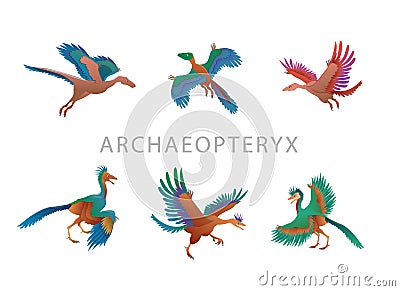 Set of six prehistoric Jurassic reptile, flying archaeopteryx with wings and crest, color vector illustration isolated Vector Illustration