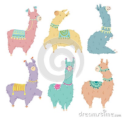 Set of six pretty hand drawn lamas, vector illustration Vector Illustration