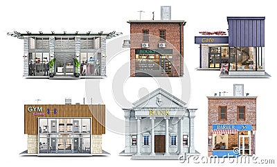 Set of six public buildings in different styles and color schemes Cartoon Illustration