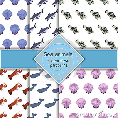 Set with six sea animal seamless pattern with seashall, sperm whale, hummerhead shark, lobster and mandarin fish. Vector Illustration