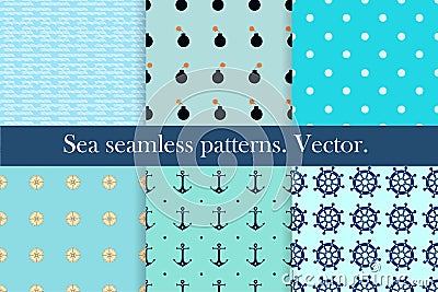 Set of six seamless marine patterns. Vector Illustration